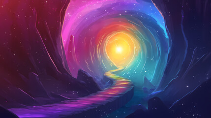 Art piece depicting a mysterious, ethereal scene with a rainbow-colored spiral, a bright light at the center, and a winding path leading to it. Galactic Path. Illustration