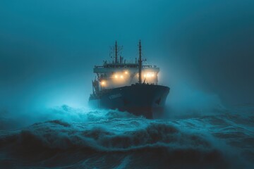 A cargo ship braves a stormy night at sea, battling massive waves and challenging weather conditions.