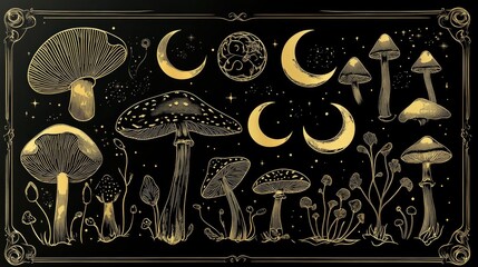 A close-up view of mushrooms growing in a forest, illuminated by the light of the full moon