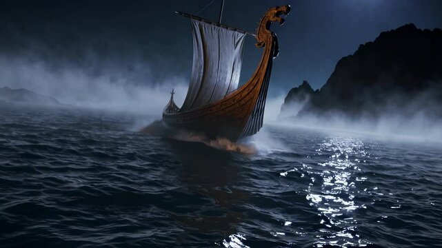 Viking ship sailing through misty waters under moonlight. Ancient Norse vessel navigating rough seas near rocky cliffs. Mysterious and adventurous nighttime ocean journey
