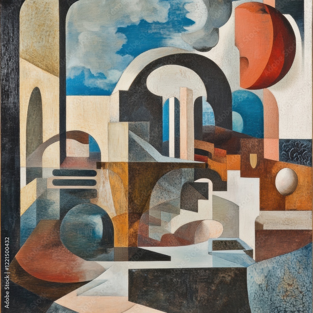 Poster modern abstract artwork depicting geometric forms with a blend of arches and contrasting colors in a