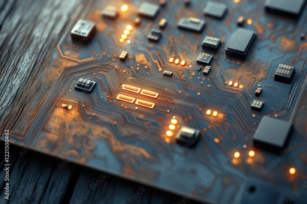 Poster close-up view of a circuit board with glowing components, showcasing intricate electronic pathways.