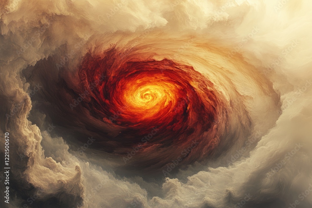 Poster a fiery vortex swirls within a sea of beige clouds, creating a mesmerizing and chaotic cosmic scene.
