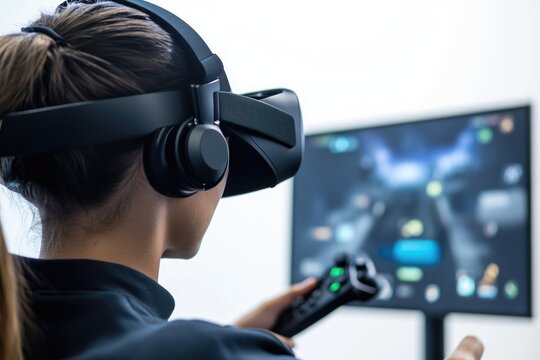 A woman focused on her gaming session with headphones on, a popular scene in modern life