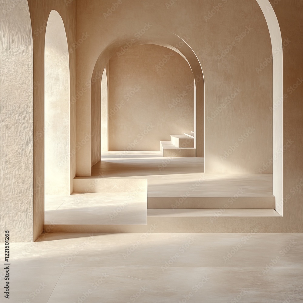 Poster a minimalist interior design featuring abstract arches and stairs, bathed in soft beige tones, creat