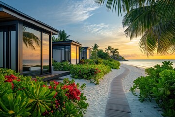 Fototapeta premium Luxury resort on an exotic island with golden light and vibrant flowers