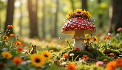 Whimsical toadstool mushroom decorated with flowers, surrounded by vibrant wildflowers and a squirrel in a sunny forest
