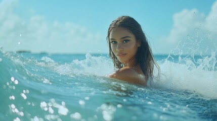Young woman stands gracefully in the crystal-clear blue ocean on a wild, untouched beach, basking in the serenity of her exotic vacation.