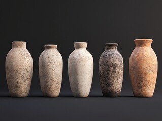 Group of rustic vases on dark background showcasing earthen texture and natural tones
