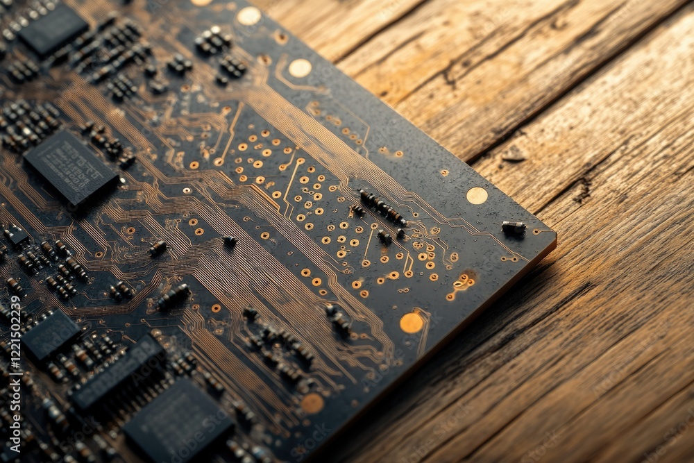 Poster close-up of a circuit board with intricate circuitry and components, resting on a wooden surface.