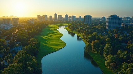 Obraz premium Sunrise over a Luxurious Golf Course and City Skyline