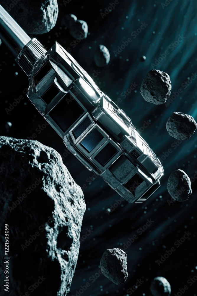 Poster a spaceship flying over a group of rocks in space, suitable for sci-fi or futuristic concepts