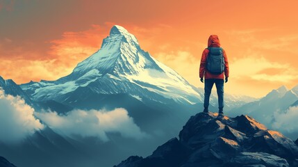 Inspirational mountain landscape with hiker embracing future achievement and vision