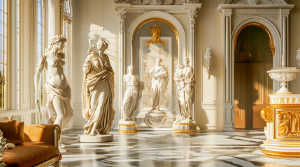 Fototapeta premium A sophisticated interior featuring antique statues of Discobolus, Venus, and Mercury, with classical decor, detailed sculpture, and elegant ambiance