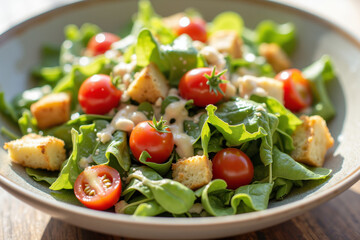Fresh salad bowl with mixed greens and cherry tomatoes in sunlight