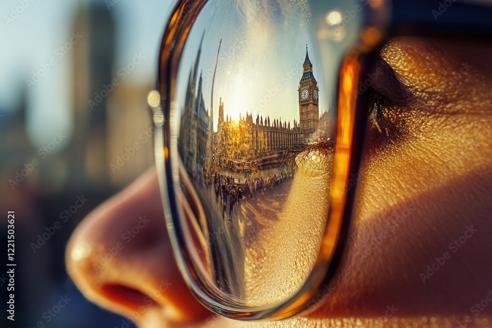 Poster a reflective surface with a clock tower reflected in a pair of sunglasses, perfect for use as a uniq