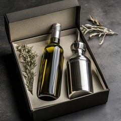 Gift box containing olive oil and a stainless steel pourer with herbs on a dark surface. Generative AI