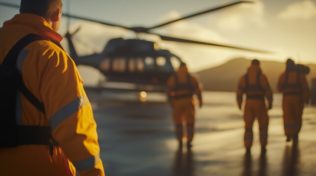 Offshore workers ready for helicopter flight. In line on their way to the helicopter with yellow survival suit on. helicopter in soft focus in background.