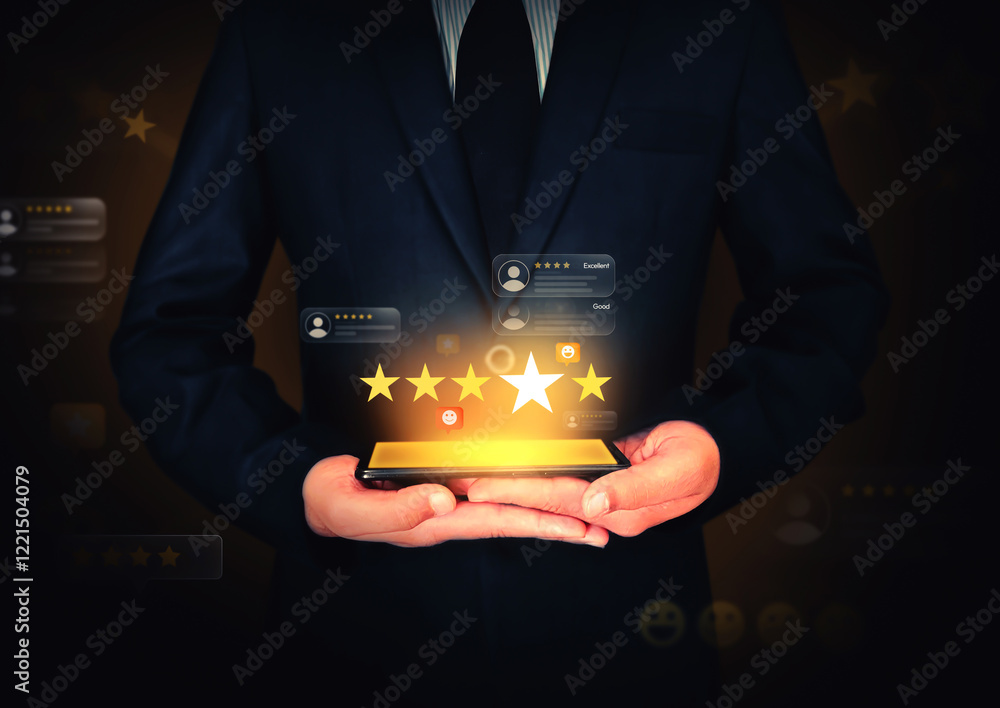 Poster five star rating glowing over the mobile phone screen representing reviews and feedback. man showing
