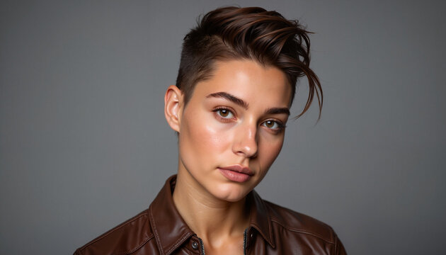 Androgynous portrait exuding confidence in leather jacket, personal style