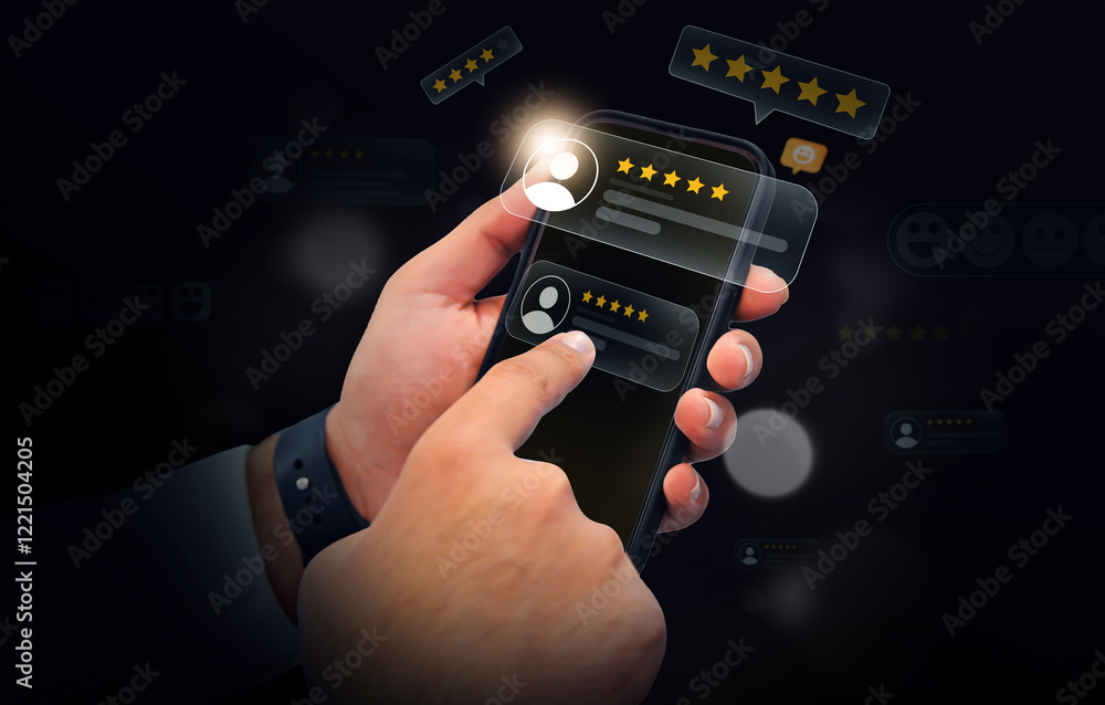 Poster giving five star review on the mobile screen with hovering shapes along side. rating and reviews con
