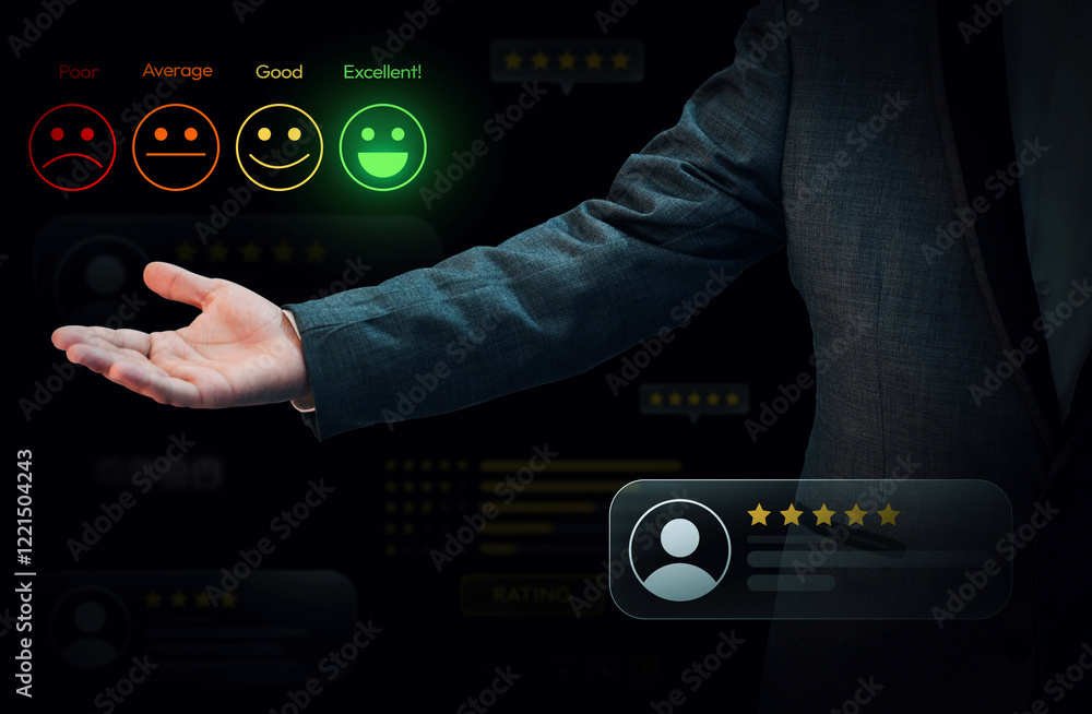 Poster from poor to excellent rating concept background with stars and reactions hovering over the hand. ra