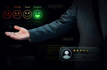 From Poor to Excellent rating concept background with stars and reactions hovering over the hand. Rating and feedback concept with reviews graphics, background