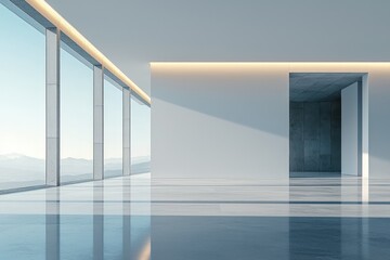 Obraz premium Modern office sunrise view, minimalist design, empty space, mountain backdrop, corporate presentation