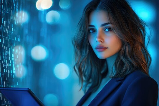 A young woman with wavy brown hair looks at the camera while holding a tablet in a blue-lit room with a digital background.