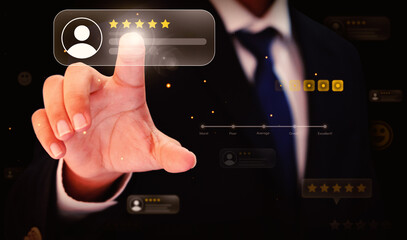 Rating and Feedback concept background by touching the glowing stars with bars. Man in suit touching the stars, business backdrop with feedback and review style