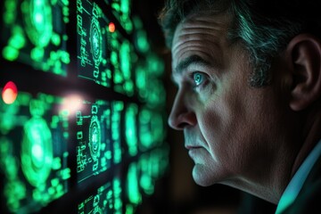 A man intently studies a wall of glowing green screens filled with complex data and intricate circuitry.