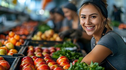 Young female grocery store worker with bright smile arranging fresh produce display of colorful apples and vegetables, perfect for retail, small business, and healthy lifestyle marketing.