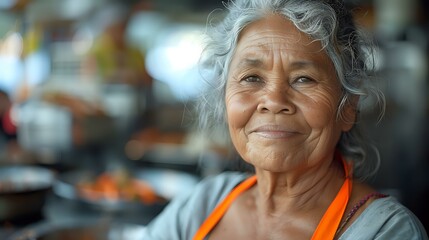 Smiling senior Asian woman with gray hair wearing orange and gray clothing, perfect for authentic lifestyle, aging with dignity and diversity representation in healthcare or retirement content.