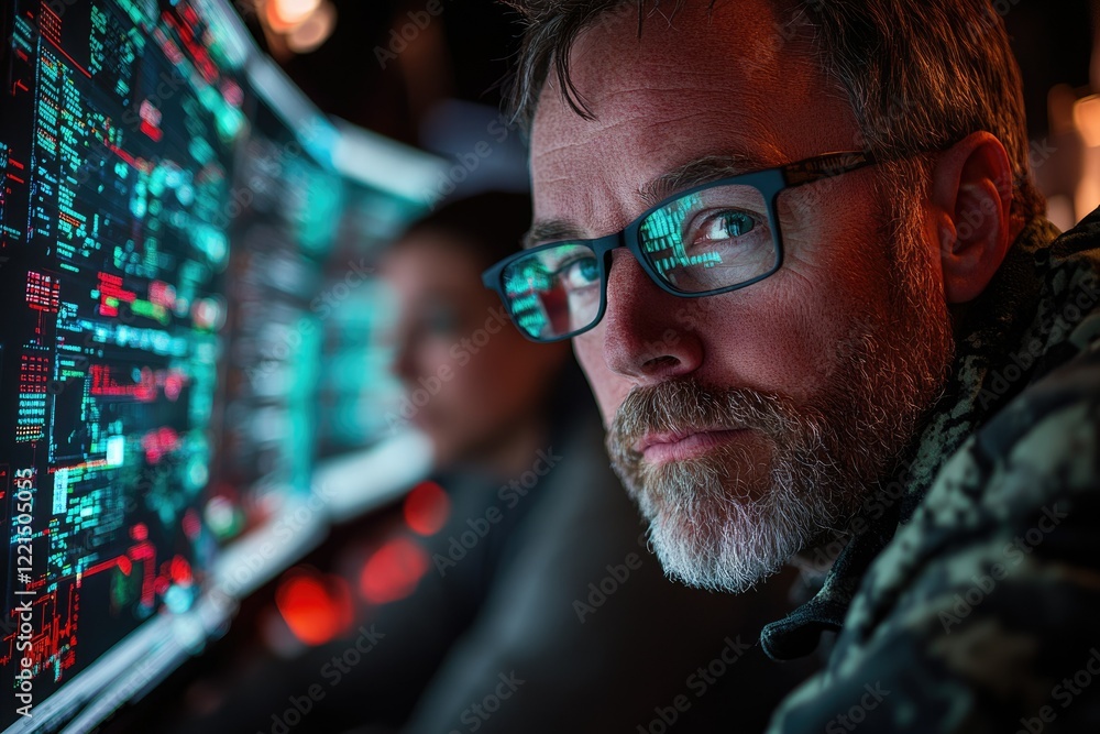 Poster a bearded man intently studies lines of code on a large screen, reflecting his deep focus and concen