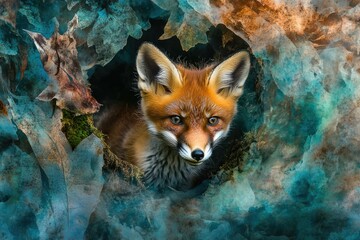 A red fox cub peeks curiously from a hole surrounded by vibrant autumn leaves and mossy textures.