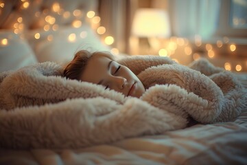 A little girl laying on top of a bed covered in a blanket