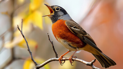 Robin bird on a tree branch in wood. 