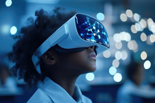 A young girl wearing a VR headset experiences immersive virtual reality technology in a classroom setting.
