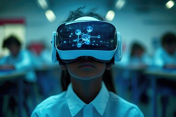 A student uses VR technology to explore a 3D molecular model in a classroom setting, enhancing learning through immersive experiences.