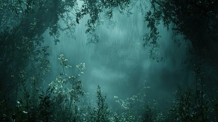 Mystical forest rain, path obscured, game background