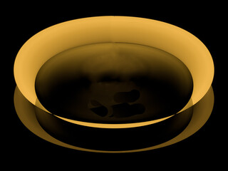 abstract round 3d circular bowl shape stack. gold gradient, platform in dark brown., smooth and elegant, unique