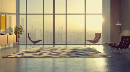 A modern geometric-patterned rug in a minimalistic room, with sleek furniture and large windows letting in natural light.