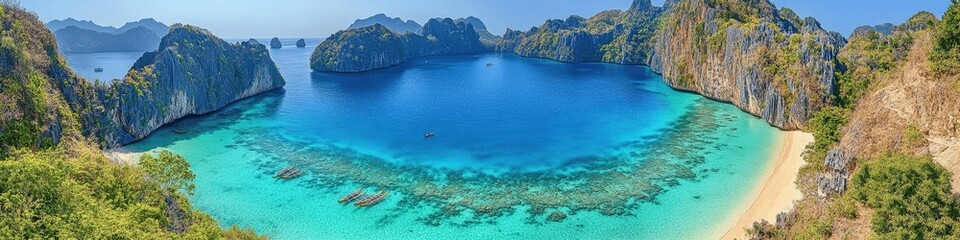 Fototapeta premium Pristine Tropical Beach Paradise with Crystal Clear Turquoise Waters and Lush Green Cliffs in Stunning Panoramic View of Island Hideaway Ideal for Travel Enthusiasts