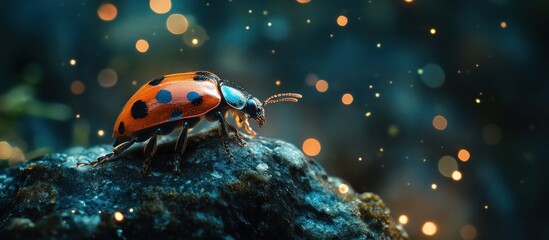 A close up macro shot of a vibrant red ladybug with its black spots crawling across a lush green leaf in a serene enchanted nature setting with glowing bokeh filled background
