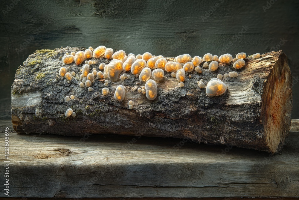 Poster glowing translucent fungi cluster on a weathered log, illuminated with an ethereal glow.