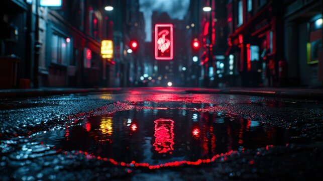 Neon-lit city street puddle reflection at night