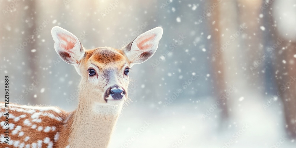 Poster a close up of a deer with soft features is captured in a snowy forest. snowflakes gently fall around