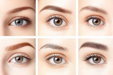 Naklejka premium A collection of various eye styles showcasing the beauty of human features, highlighting different eye colors and eyebrow shapes, perfect for beauty and fashion themes.