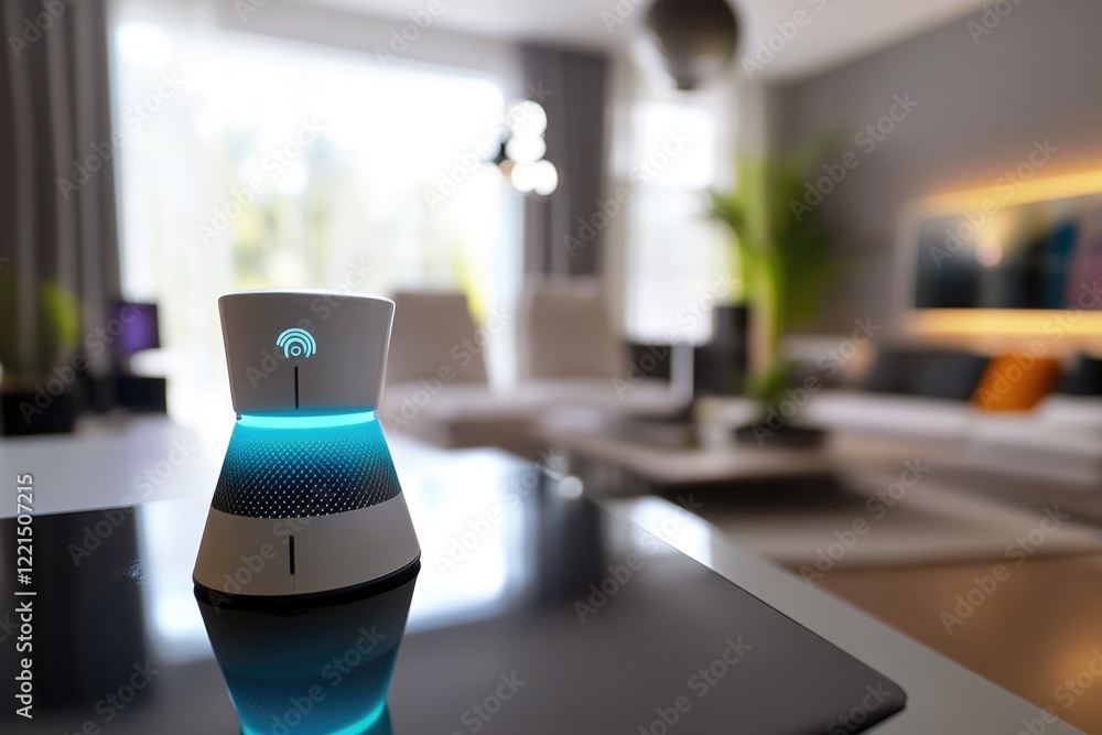 Poster a close-up shot of a smart device sitting on a table, with a simple and minimalist background