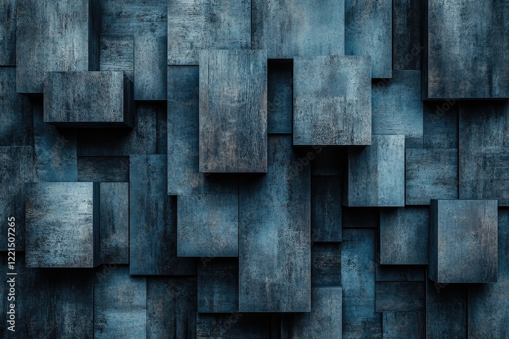 Poster abstract dark blue textured cubes arranged in a layered geometric pattern.